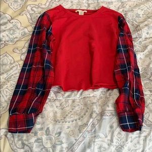 Red with plaid sleeves blouse